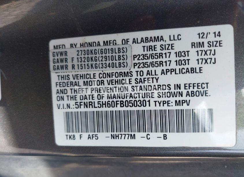 Photo 9 of 2015 Honda Odyssey EX-L (VIN 5FNRL5H60FB050301)