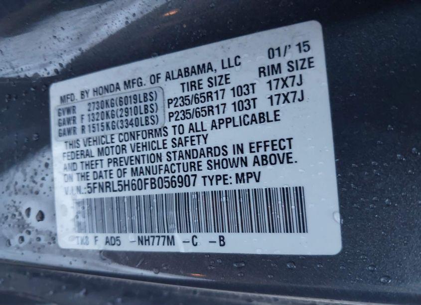 Photo 9 of 2015 Honda Odyssey EX-L (VIN 5FNRL5H60FB056907)