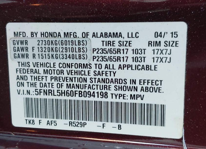 Photo 9 of 2015 Honda Odyssey EX-L (VIN 5FNRL5H60FB094198)