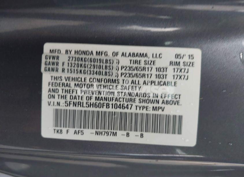 Photo 9 of 2015 Honda Odyssey EX-L (VIN 5FNRL5H60FB104647)