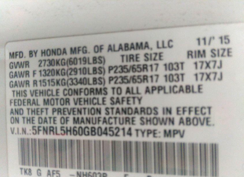 Photo 9 of 2016 Honda Odyssey EX-L (VIN 5FNRL5H60GB045214)