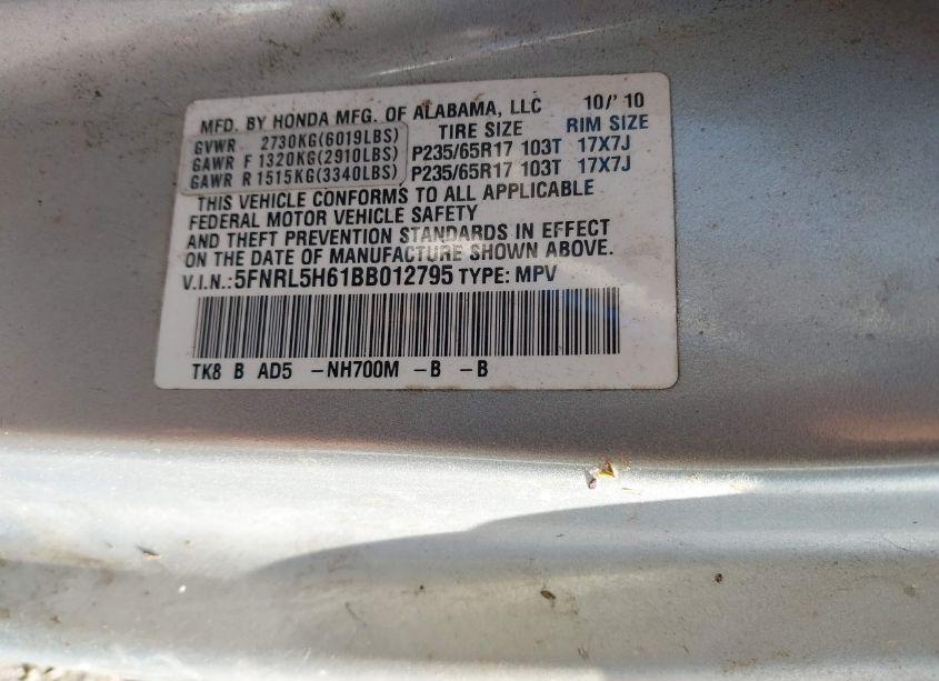 Photo 9 of 2011 Honda Odyssey EX-L (VIN 5FNRL5H61BB012795)