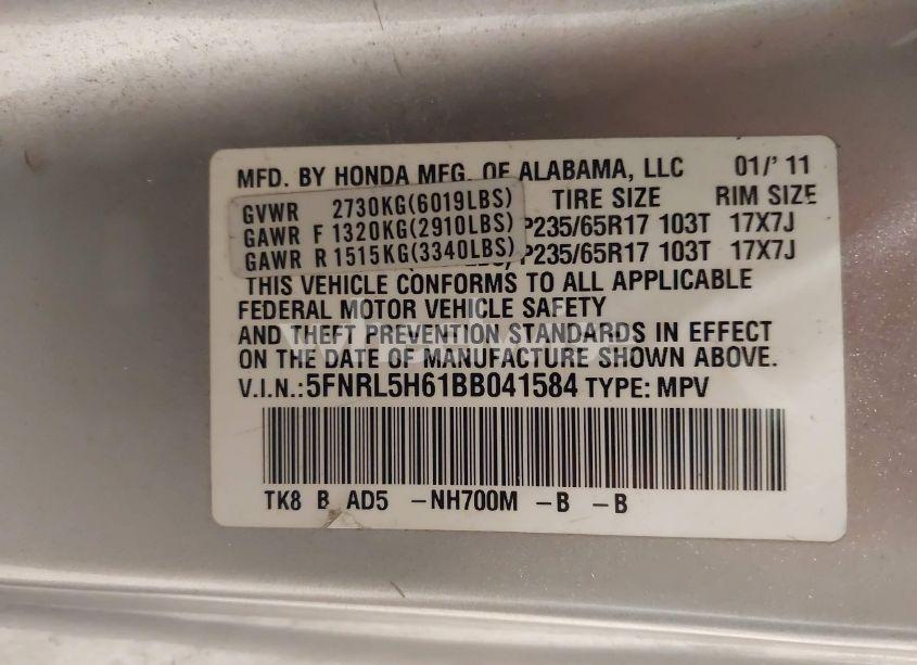 Photo 9 of 2011 Honda Odyssey EX-L (VIN 5FNRL5H61BB041584)