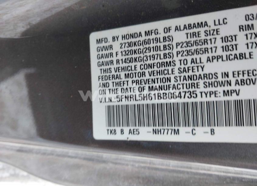 Photo 9 of 2011 Honda Odyssey EX-L (VIN 5FNRL5H61BB064735)