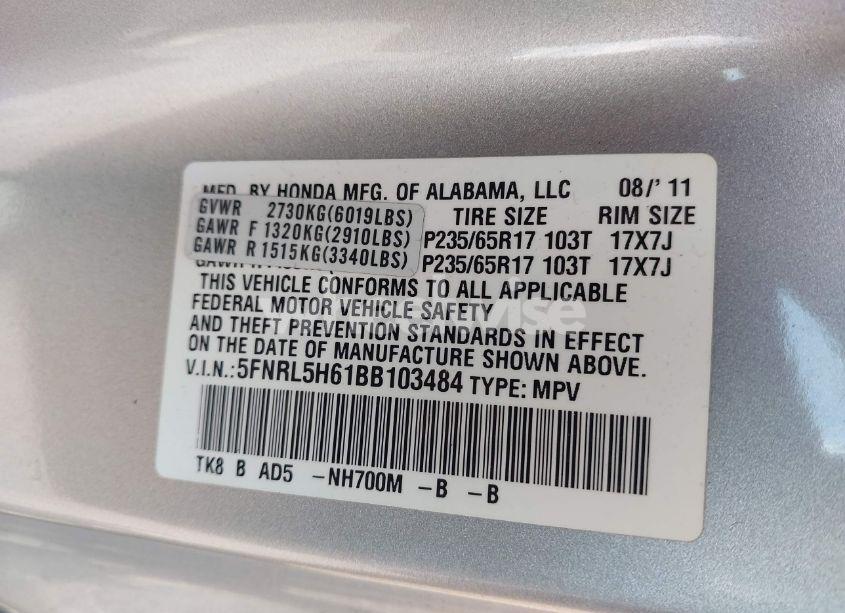 Photo 9 of 2011 Honda Odyssey EX-L (VIN 5FNRL5H61BB103484)