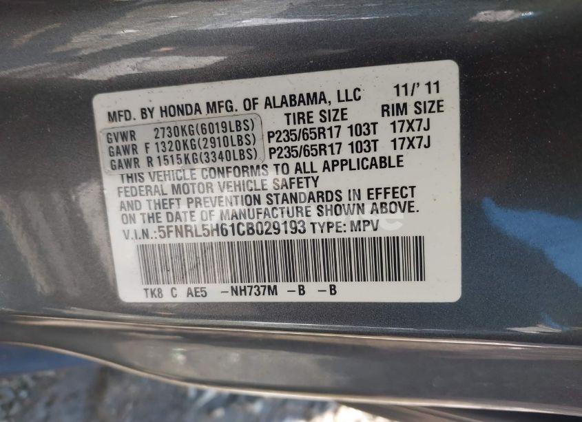 Photo 9 of 2012 Honda Odyssey EX-L (VIN 5FNRL5H61CB029193)