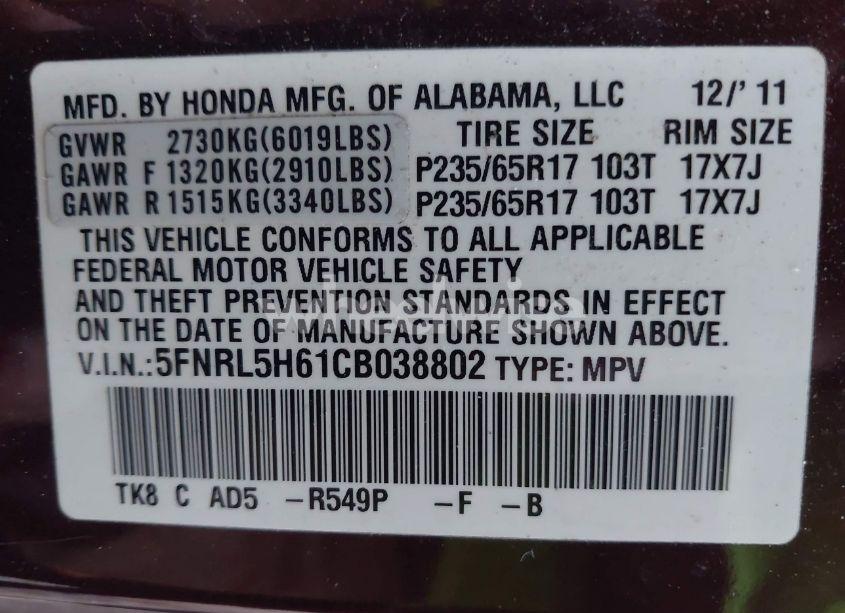 Photo 9 of 2012 Honda Odyssey EX-L (VIN 5FNRL5H61CB038802)