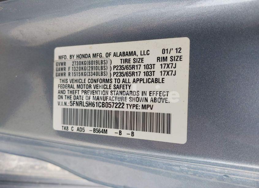 Photo 9 of 2012 Honda Odyssey EX-L (VIN 5FNRL5H61CB057222)