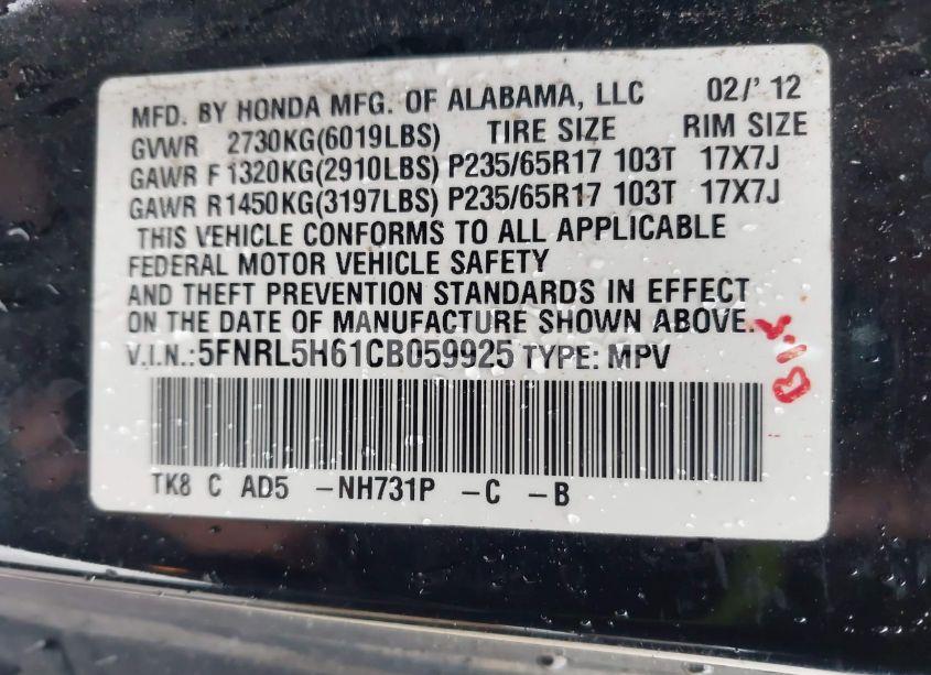 Photo 9 of 2012 Honda Odyssey EX-L (VIN 5FNRL5H61CB059925)