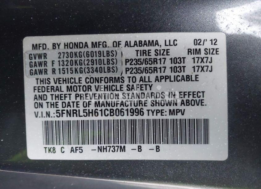 Photo 9 of 2012 Honda Odyssey EX-L (VIN 5FNRL5H61CB061996)