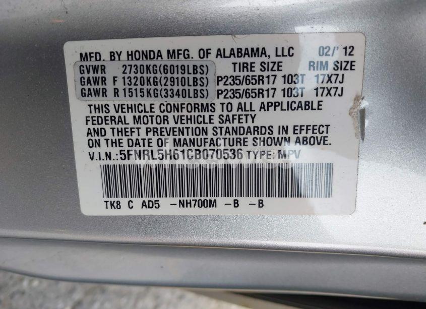 Photo 9 of 2012 Honda Odyssey EX-L (VIN 5FNRL5H61CB070536)