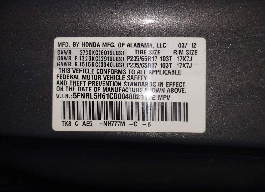 Photo 9 of 2012 Honda Odyssey EX-L (VIN 5FNRL5H61CB084002)