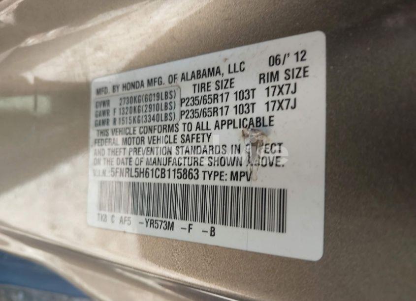 Photo 9 of 2012 Honda Odyssey EX-L (VIN 5FNRL5H61CB115863)