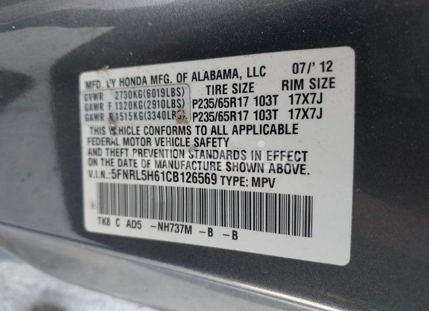Photo 9 of 2012 Honda Odyssey EX-L (VIN 5FNRL5H61CB126569)