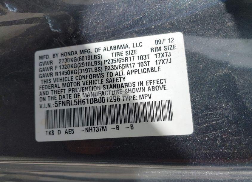 Photo 9 of 2013 Honda Odyssey EX-L (VIN 5FNRL5H61DB001296)