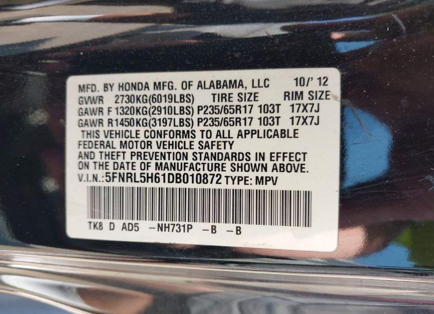 Photo 9 of 2013 Honda Odyssey EX-L (VIN 5FNRL5H61DB010872)