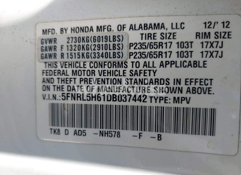 Photo 9 of 2013 Honda Odyssey EX-L (VIN 5FNRL5H61DB037442)