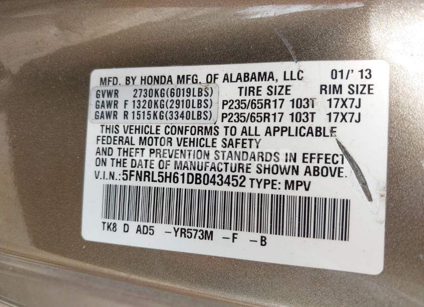 Photo 9 of 2013 Honda Odyssey EX-L (VIN 5FNRL5H61DB043452)