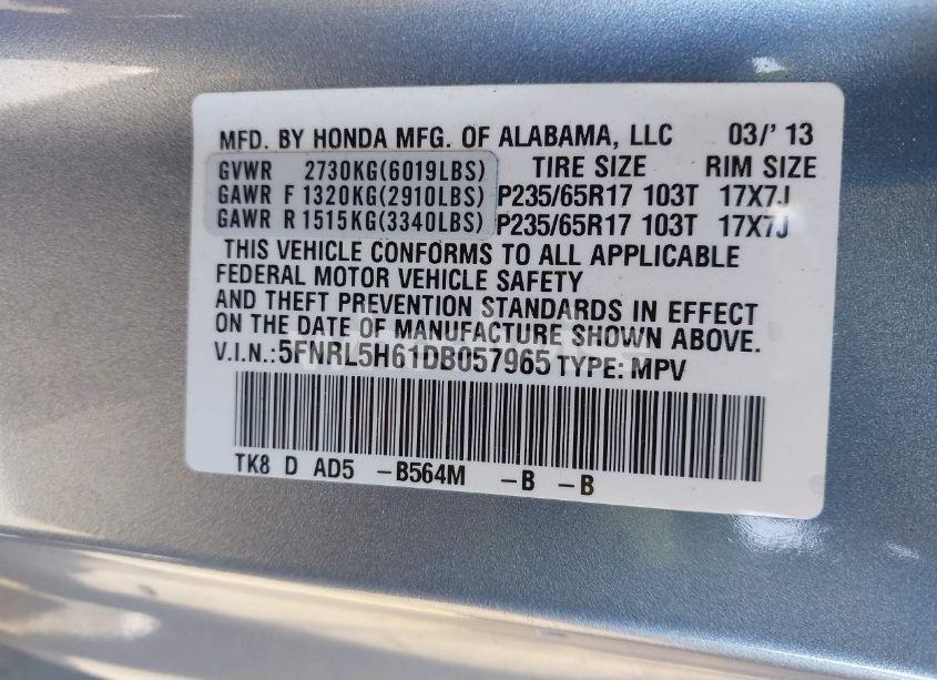 Photo 9 of 2013 Honda Odyssey EX-L (VIN 5FNRL5H61DB057965)