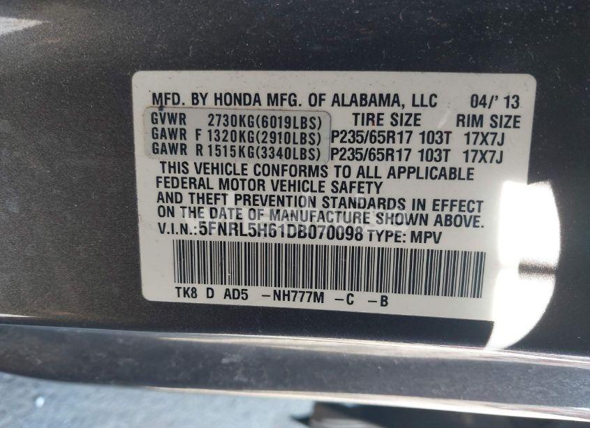 Photo 9 of 2013 Honda Odyssey EX-L (VIN 5FNRL5H61DB070098)