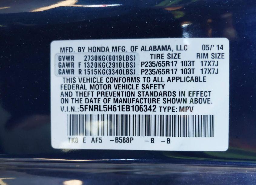 Photo 9 of 2014 Honda Odyssey EX-L (VIN 5FNRL5H61EB106342)