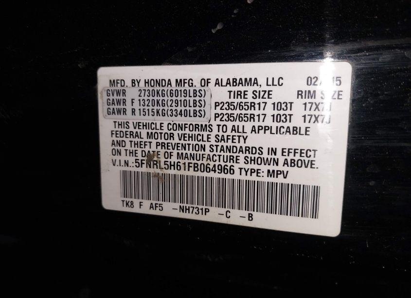 Photo 9 of 2015 Honda Odyssey EX-L (VIN 5FNRL5H61FB064966)