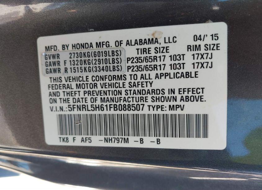 Photo 9 of 2015 Honda Odyssey EX-L (VIN 5FNRL5H61FB088507)