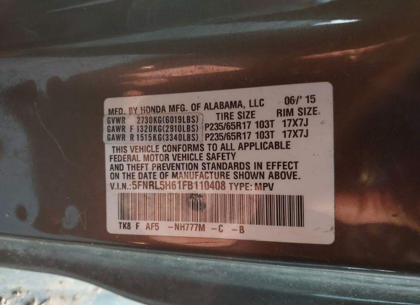 Photo 9 of 2015 Honda Odyssey EX-L (VIN 5FNRL5H61FB110408)