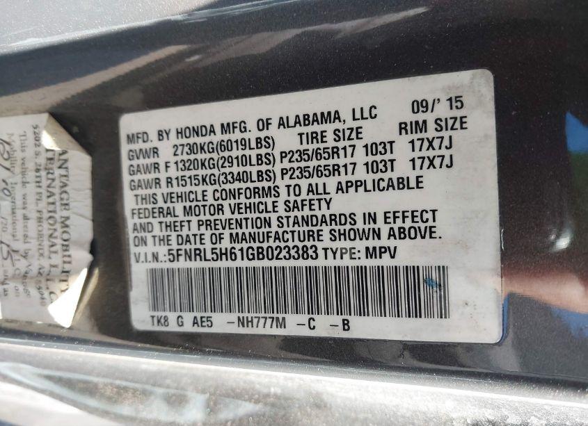 Photo 9 of 2016 Honda Odyssey EX-L (VIN 5FNRL5H61GB023383)