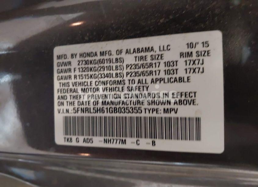 Photo 9 of 2016 Honda Odyssey EX-L (VIN 5FNRL5H61GB035355)