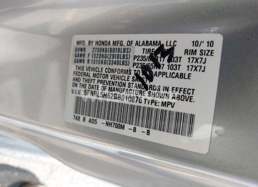 Photo 9 of 2011 Honda Odyssey EX-L (VIN 5FNRL5H62BB010876)