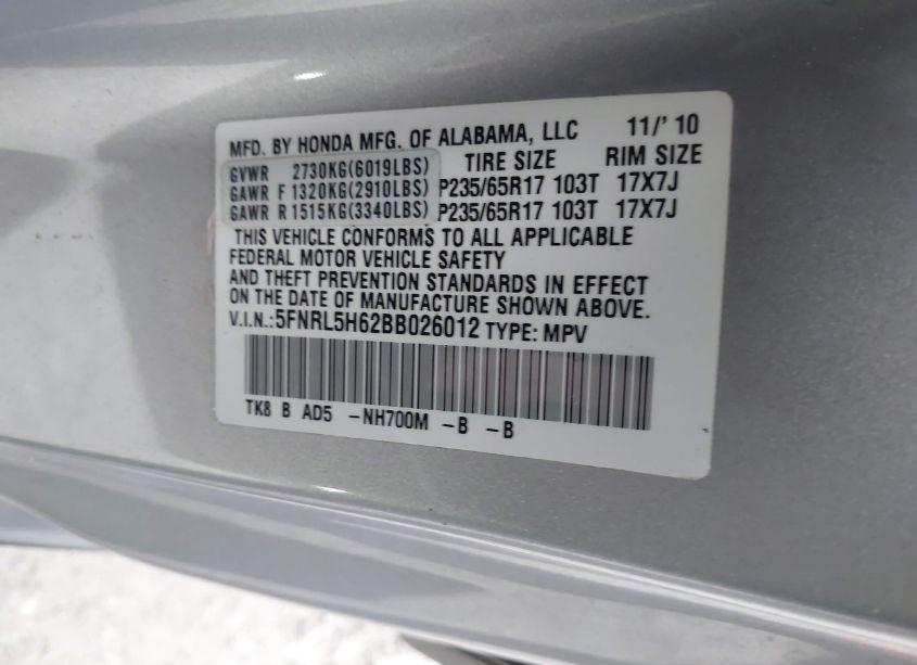 Photo 9 of 2011 Honda Odyssey EX-L (VIN 5FNRL5H62BB026012)