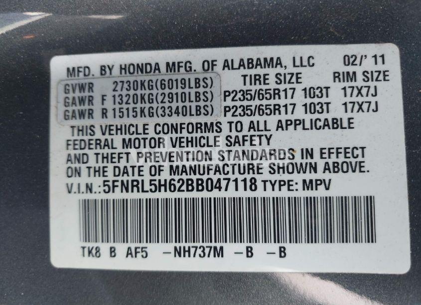 Photo 9 of 2011 Honda Odyssey EX-L (VIN 5FNRL5H62BB047118)