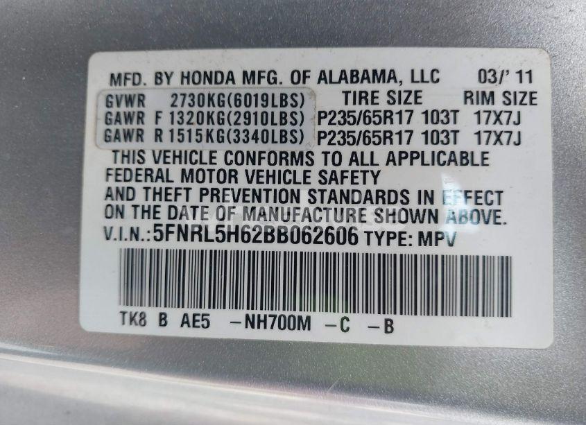 Photo 9 of 2011 Honda Odyssey EX-L (VIN 5FNRL5H62BB062606)