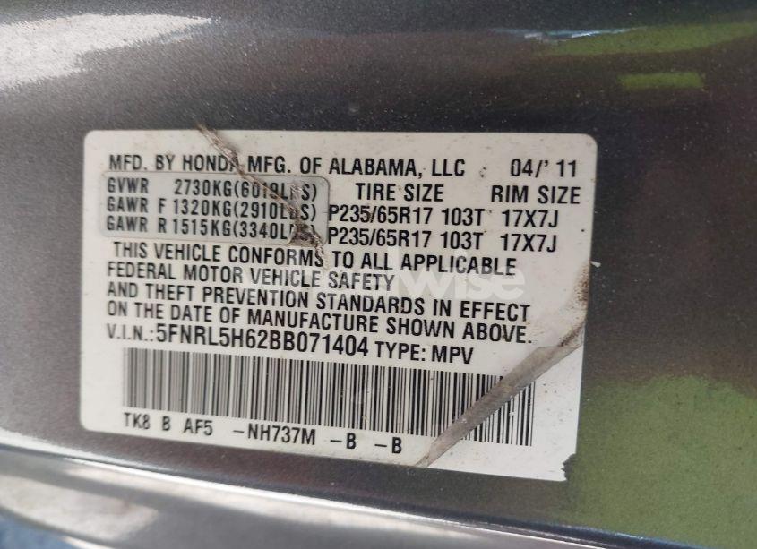 Photo 9 of 2011 Honda Odyssey EX-L (VIN 5FNRL5H62BB071404)