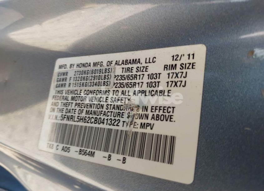 Photo 9 of 2012 Honda Odyssey EX-L (VIN 5FNRL5H62CB041322)