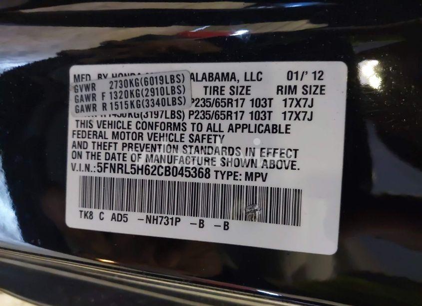 Photo 9 of 2012 Honda Odyssey EX-L (VIN 5FNRL5H62CB045368)