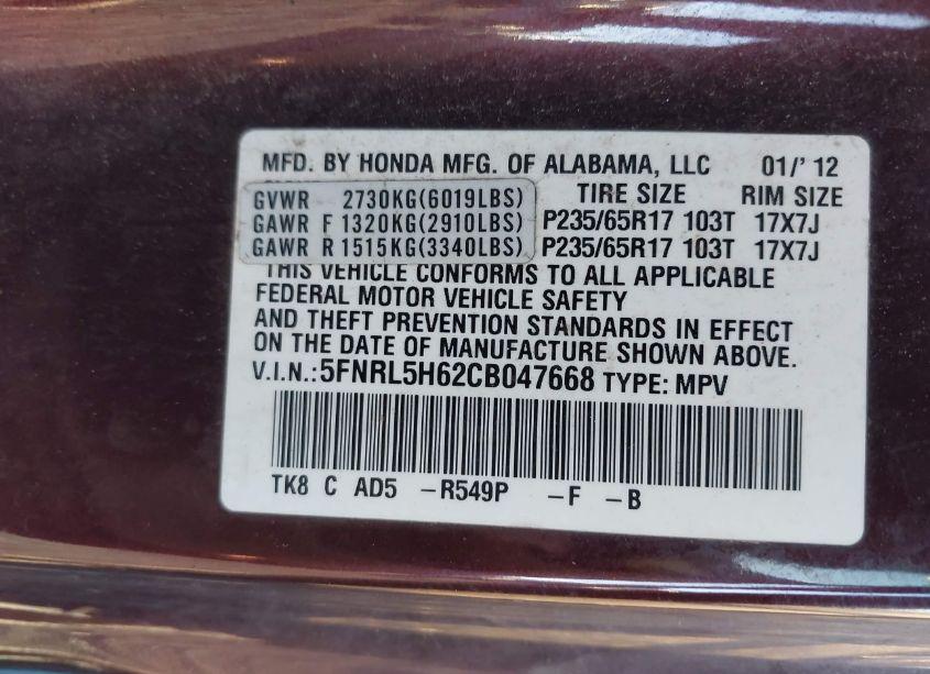 Photo 9 of 2012 Honda Odyssey EX-L (VIN 5FNRL5H62CB047668)