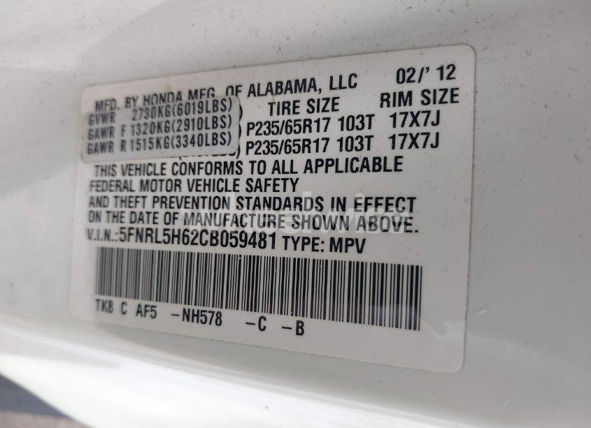 Photo 9 of 2012 Honda Odyssey EX-L (VIN 5FNRL5H62CB059481)