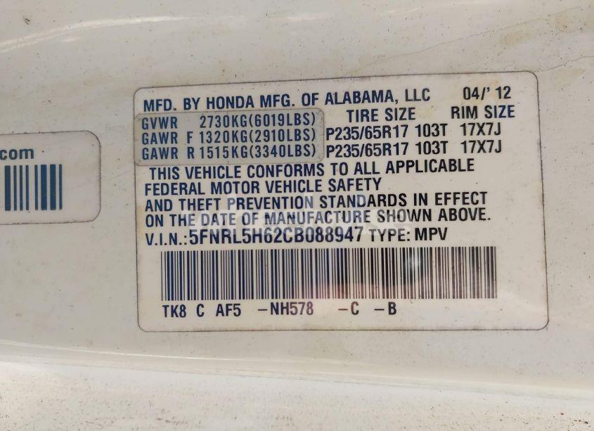 Photo 9 of 2012 Honda Odyssey EX-L (VIN 5FNRL5H62CB088947)