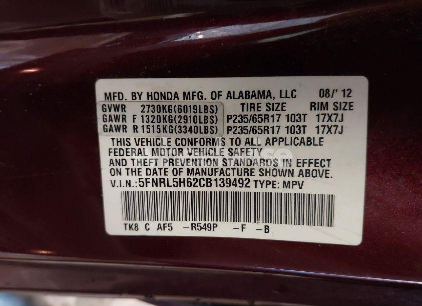 Photo 9 of 2012 Honda Odyssey EX-L (VIN 5FNRL5H62CB139492)