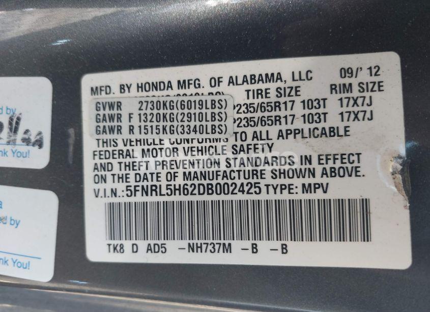 Photo 9 of 2013 Honda Odyssey EX-L (VIN 5FNRL5H62DB002425)