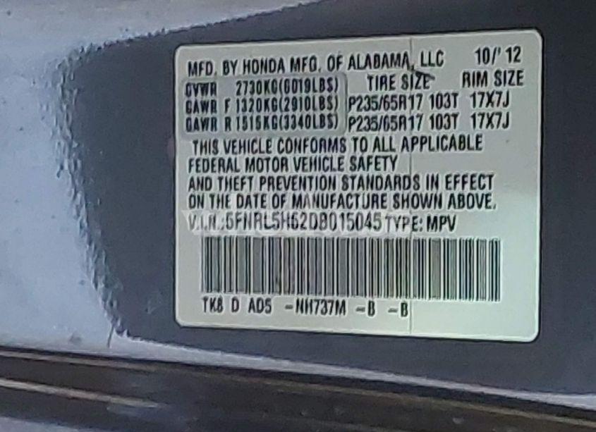 Photo 9 of 2013 Honda Odyssey EX-L (VIN 5FNRL5H62DB015045)