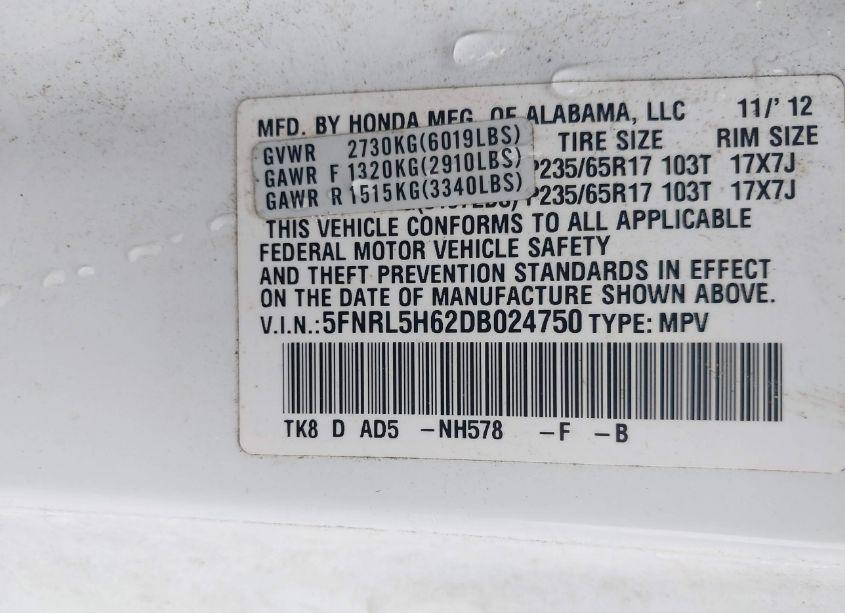 Photo 9 of 2013 Honda Odyssey EX-L (VIN 5FNRL5H62DB024750)