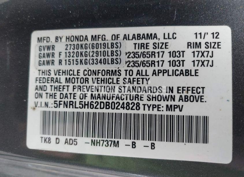 Photo 9 of 2013 Honda Odyssey EX-L (VIN 5FNRL5H62DB024828)