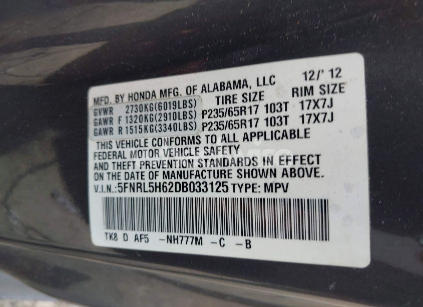 Photo 9 of 2013 Honda Odyssey EX-L (VIN 5FNRL5H62DB033125)