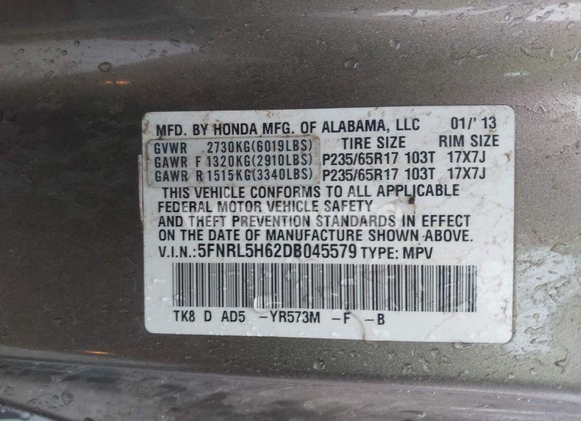 Photo 9 of 2013 Honda Odyssey EX-L (VIN 5FNRL5H62DB045579)