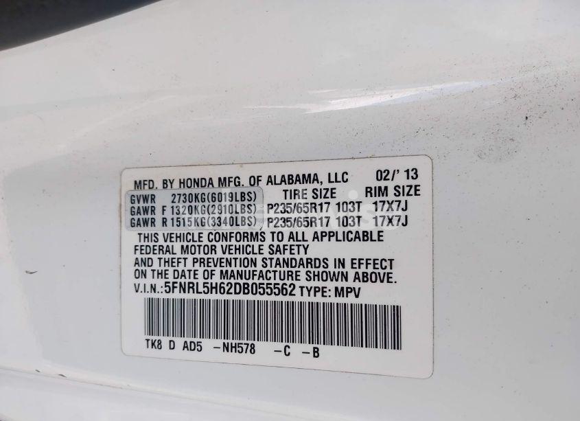 Photo 9 of 2013 Honda Odyssey EX-L (VIN 5FNRL5H62DB055562)