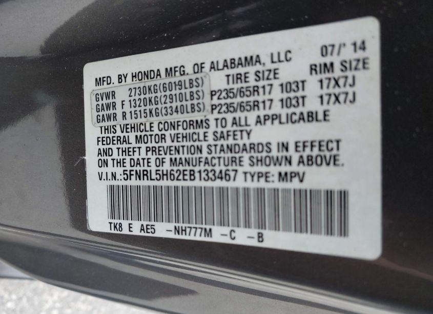 Photo 9 of 2014 Honda Odyssey EX-L (VIN 5FNRL5H62EB133467)