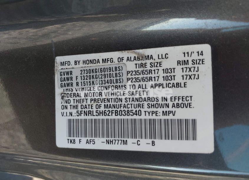 Photo 9 of 2015 Honda Odyssey EX-L (VIN 5FNRL5H62FB038540)